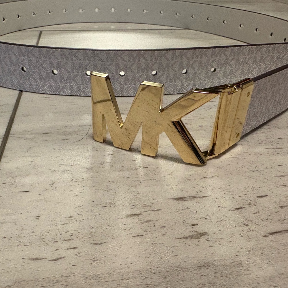 Michael Kors Gold and Gray/ white REVERSIBLE MK design Belt